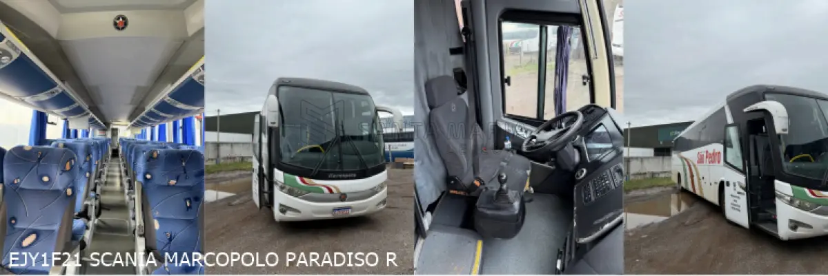 LOTE 002 - 6 ônibus: 1º SCANIA/MPOLO PARADISO R, ano/modelo 2010/2010, placas EJY1F21, situação: rodando. 2º SCANIA/L113 CL 4X2 220, ano/modelo 1997/1997, placas GNJ8696, situação: não rodando.  3º IMP/M.BENZ OF 1620, ano/modelo 1996/1996, placas IFU2399,  situação: não rodando.  4º MBENZ/BUSSCAR VIS BUSS R, ano/modelo 2001/2001, placas IKK2011, situação: não rodando.  5º VW/MPOLO PARADISO R, ano/modelo 2004/2005, placas IMH3224, situação: não rodando.  6ºMBENZ/BUSSCAR VIS BUSS R, ano/modelo 2000/2000, placas IJS8151, situação: não rodando.