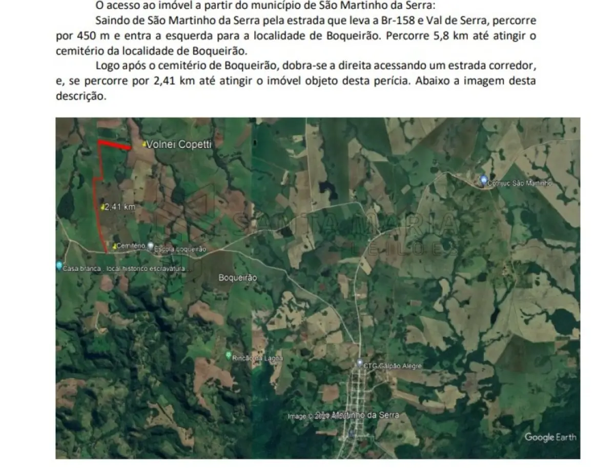 LOTE 001 - 4,0426 hectares sendo 0,2218ha pertencentes ao R.13 da matrícula 12.225 e, 3,8208ha pertencentes ao R.23 da matrícula 12.231 de propriedade de Volnei Antonio Copetti, sendo áreas contíguas, embora matrículas distintas, ambas do CRI de Santa Maria/RS, localizadas no Distrito Boqueirão, 100, interior de São Martinho da Serra. As benfeitorias existentes no imóvel constam de 1 (uma) residência de alvenaria, medindo 8,0 m x 10,0 m, com varanda ao fundo do corpo da casa com 8,0 m x 5,0m em meia água contendo um banheiro e uma churrasqueira.