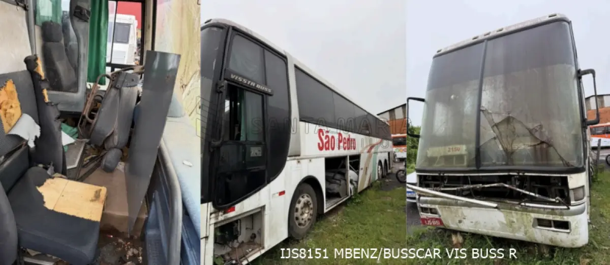 LOTE 002 - 6 ônibus: 1º SCANIA/MPOLO PARADISO R, ano/modelo 2010/2010, placas EJY1F21, situação: rodando. 2º SCANIA/L113 CL 4X2 220, ano/modelo 1997/1997, placas GNJ8696, situação: não rodando.  3º IMP/M.BENZ OF 1620, ano/modelo 1996/1996, placas IFU2399,  situação: não rodando.  4º MBENZ/BUSSCAR VIS BUSS R, ano/modelo 2001/2001, placas IKK2011, situação: não rodando.  5º VW/MPOLO PARADISO R, ano/modelo 2004/2005, placas IMH3224, situação: não rodando.  6ºMBENZ/BUSSCAR VIS BUSS R, ano/modelo 2000/2000, placas IJS8151, situação: não rodando.