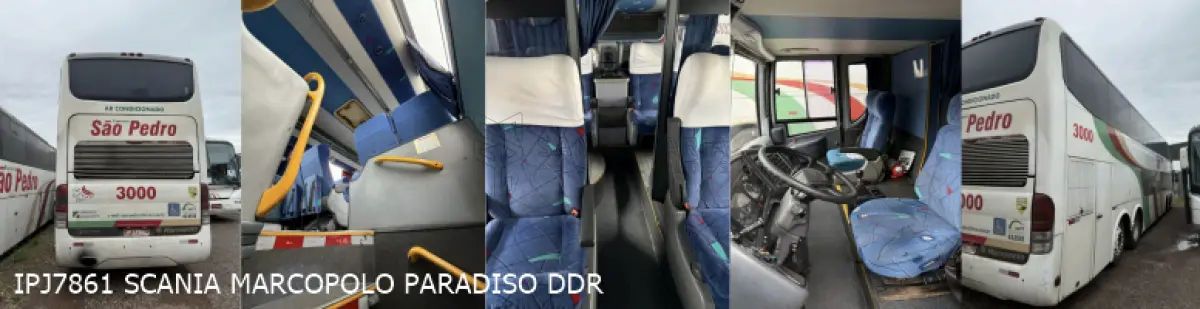 LOTE 001 - 6 ônibus: 1º SCANIA/MPOLO PARADIS DDR, ano/modelo 2008/2009, placas IPJ7861, situação: rodando. 2º MON/PROTOTIPO, ano/modelo 1998/1998, placas IHD5700,  situação: não está rodando. 3º M.BENZ/OF 1318, ano/modelo 1992/1993, placas IHM4150, situação: não está rodando. 4º M.BENZ OF 1318, ano/modelo 1994/1995, placas HOM9104, situação: não está rodando. 5º VOLKS/BUSSCAR EL BUSS R, ano/modelo 1998/1999, placas AJG5B90, situação: não está rodando. 6º VW/MPOLO VIAGGIO R, ano/modelo 2009/2010, placas IQL5481, situação: não está rodando.