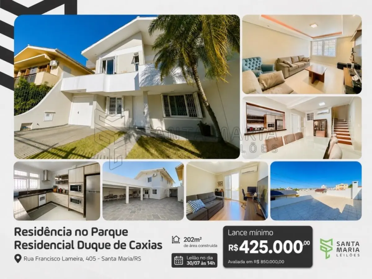 LOTE 001 - Uma casa de alvenaria com a área construída averbada de 202m², localizada na Rua Francisco Lameira, nº 405 em Santa Maria/RS, e o respectivo terreno constituído de parte do Lote 6 da Quadra C, do loteamento Parque Residencial Duque de Caxias, com as seguintes medidas e confrontações: ao Norte, onde faz frente, mede 11m; ao Oeste, mede 33m de extensão da frente ao fundo; ao Sul, onde se constitui de fundos, mede 12m; ao Leste, partindo da divisa Sul, numa linha reta no sentido Sul-Norte, mede 12m; desse ponto, numa linha reta de 1m no sentido Leste-Oeste; e desse ponto, em outra linha reta mede 21m no sentido Sul-Norte, fechando o perímetro. Matriculado sob n° 35.352 do CRI de Santa Maria/RS.