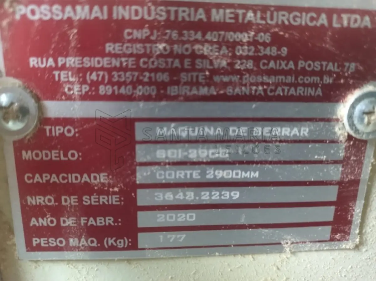LOTE 003 - Uma esquadrejadeira SCI-2900 de Eixo Inclinável, capacidade de corte 2900 mm, nº de série 3643.2239, ano de fabricação 2020, em bom estado de uso e conservação.