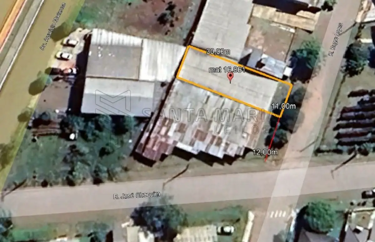 LOTE 004 - Terreno com a área de 330m² na Rua Bugre Lopes em Santiago/RS, possuindo uma construção do tipo galpão industrial, com frente de 11,00m para a rua Bugre Lopes e profundidade de 30,00m, à 12m da esquina da rua Jose Chequim, inserido no quarteirão formado pelas ruas José Figueiredo Pinto, Bugre Lopes, José Chequim e Avenida Aparício Mariense. Matriculado sob n° 16.861 do CRI de Santiago/RS.