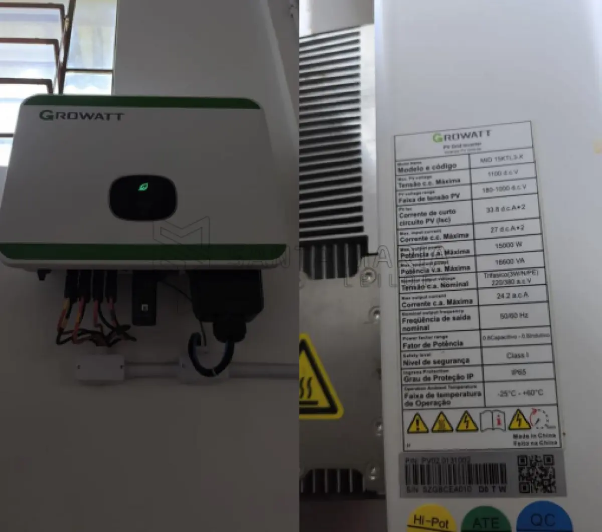 LOTE 001 - Máquina e equipamentos de geração de energia, modelo Growatt, ano de fabricação 2022, nº de série SZGBCEA010, 01 (um) inversor, série SZGBCEA010, marca Growatt, ano 2022, potência 15KW, 36 (trinta e seis) módulos, modelo DHM-460W, marca DAH Solar, ano 2022.