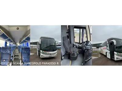 LOTE 002 - 6 ônibus: 1º SCANIA/MPOLO PARADISO R, ano/modelo 2010/2010, placas EJY1F21, situação: rodando. 2º SCANIA/L113 CL 4X2 220, ano/modelo 1997/1997, placas GNJ8696, situação: não rodando.  3º IMP/M.BENZ OF 1620, ano/modelo 1996/1996, placas IFU2399,  situação: não rodando.  4º MBENZ/BUSSCAR VIS BUSS R, ano/modelo 2001/2001, placas IKK2011, situação: não rodando.  5º VW/MPOLO PARADISO R, ano/modelo 2004/2005, placas IMH3224, situação: não rodando.  6ºMBENZ/BUSSCAR VIS BUSS R, ano/modelo 2000/2000, placas IJS8151, situação: não rodando.