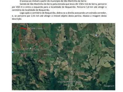 LOTE 001 - 4,0426 hectares sendo 0,2218ha pertencentes ao R.13 da matrícula 12.225 e, 3,8208ha pertencentes ao R.23 da matrícula 12.231 de propriedade de Volnei Antonio Copetti, sendo áreas contíguas, embora matrículas distintas, ambas do CRI de Santa Maria/RS, localizadas no Distrito Boqueirão, 100, interior de São Martinho da Serra. As benfeitorias existentes no imóvel constam de 1 (uma) residência de alvenaria, medindo 8,0 m x 10,0 m, com varanda ao fundo do corpo da casa com 8,0 m x 5,0m em meia água contendo um banheiro e uma churrasqueira.