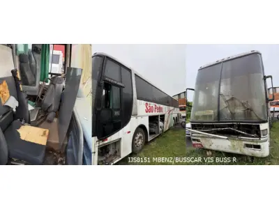 LOTE 002 - 6 ônibus: 1º SCANIA/MPOLO PARADISO R, ano/modelo 2010/2010, placas EJY1F21, situação: rodando. 2º SCANIA/L113 CL 4X2 220, ano/modelo 1997/1997, placas GNJ8696, situação: não rodando.  3º IMP/M.BENZ OF 1620, ano/modelo 1996/1996, placas IFU2399,  situação: não rodando.  4º MBENZ/BUSSCAR VIS BUSS R, ano/modelo 2001/2001, placas IKK2011, situação: não rodando.  5º VW/MPOLO PARADISO R, ano/modelo 2004/2005, placas IMH3224, situação: não rodando.  6ºMBENZ/BUSSCAR VIS BUSS R, ano/modelo 2000/2000, placas IJS8151, situação: não rodando.