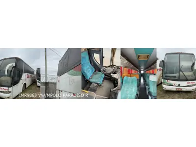 LOTE 003 - 6 ônibus e 1 motoneta: 1º MBENZ/MPOLO PARADISO LDR, ano/modelo 2003/2003, placas ILV7C82, situação: rodando.  2º VW/16.180 CO, ano/modelo 1997/1997, placas IGS5448, situação: não roda. 3º M.BENZ/COMIL CAMPIONE R, ano/modelo 1998/1998, placas IIU7417, situação: não roda. 4º MBENZ/BUSSCAR VIS BUSS R, ano/modelo 1999/1999, placas IJJ1G53, situação: não roda. 5º VW/COMIL CAMPIONE R, ano/modelo 2010/2010, placas IRV9951, situação: não roda. 6º VW/MPOLO PARADISO R, ano/modelo 2005/2005, placas IMR9863, situação: não roda. Motoneta HONDA/C100 BIZ, ano/modelo 2002/2002, placas IKN3451.