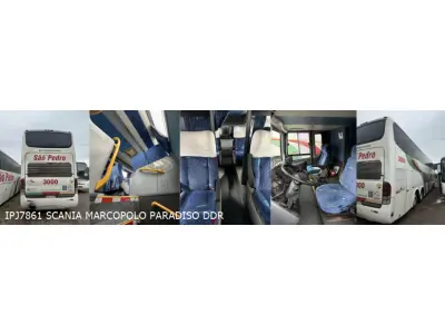 LOTE 001 - 6 ônibus: 1º SCANIA/MPOLO PARADIS DDR, ano/modelo 2008/2009, placas IPJ7861, situação: rodando. 2º MON/PROTOTIPO, ano/modelo 1998/1998, placas IHD5700,  situação: não está rodando. 3º M.BENZ/OF 1318, ano/modelo 1992/1993, placas IHM4150, situação: não está rodando. 4º M.BENZ OF 1318, ano/modelo 1994/1995, placas HOM9104, situação: não está rodando. 5º VOLKS/BUSSCAR EL BUSS R, ano/modelo 1998/1999, placas AJG5B90, situação: não está rodando. 6º VW/MPOLO VIAGGIO R, ano/modelo 2009/2010, placas IQL5481, situação: não está rodando.