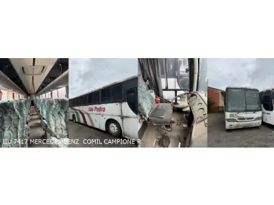 LOTE 003 - 6 ônibus e 1 motoneta: 1º MBENZ/MPOLO PARADISO LDR, ano/modelo 2003/2003, placas ILV7C82, situação: rodando.  2º VW/16.180 CO, ano/modelo 1997/1997, placas IGS5448, situação: não roda. 3º M.BENZ/COMIL CAMPIONE R, ano/modelo 1998/1998, placas IIU7417, situação: não roda. 4º MBENZ/BUSSCAR VIS BUSS R, ano/modelo 1999/1999, placas IJJ1G53, situação: não roda. 5º VW/COMIL CAMPIONE R, ano/modelo 2010/2010, placas IRV9951, situação: não roda. 6º VW/MPOLO PARADISO R, ano/modelo 2005/2005, placas IMR9863, situação: não roda. Motoneta HONDA/C100 BIZ, ano/modelo 2002/2002, placas IKN3451.